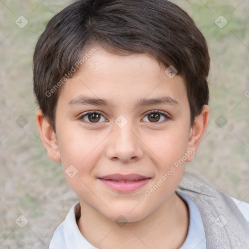 Joyful white child female with short  brown hair and brown eyes