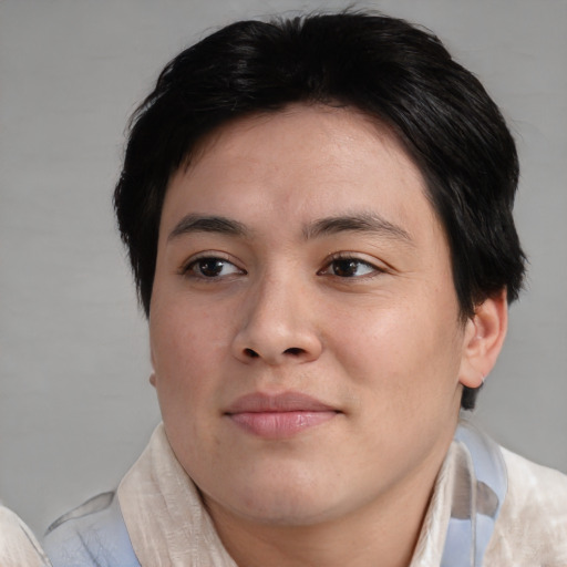 Joyful white young-adult male with medium  brown hair and brown eyes