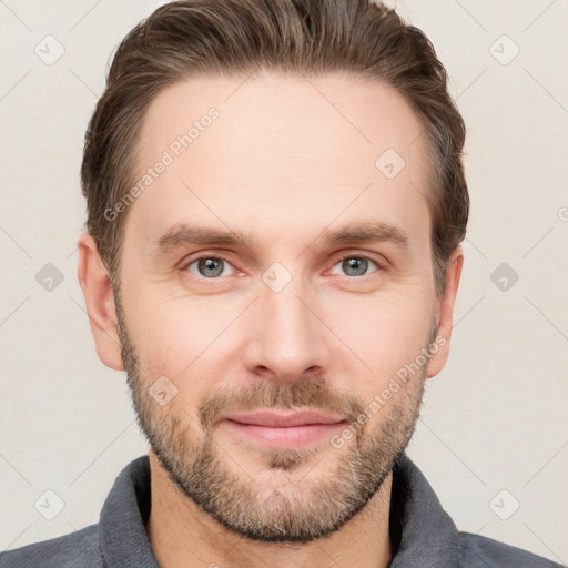 Neutral white young-adult male with short  brown hair and grey eyes