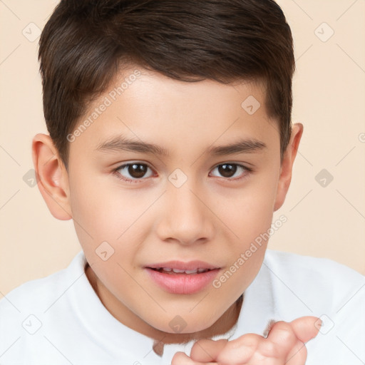 Joyful white child male with short  brown hair and brown eyes