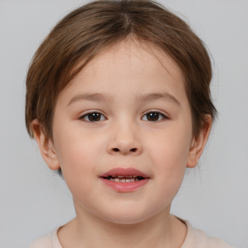 Joyful white child female with medium  brown hair and brown eyes