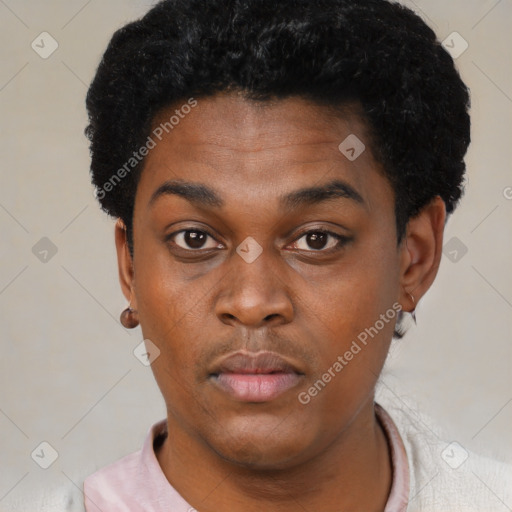 Neutral black young-adult male with short  black hair and brown eyes