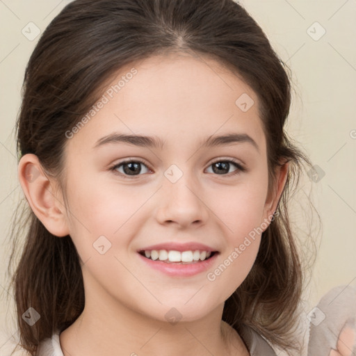 Joyful white child female with medium  brown hair and brown eyes