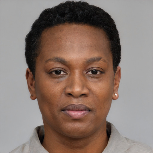 Joyful black young-adult female with short  black hair and brown eyes