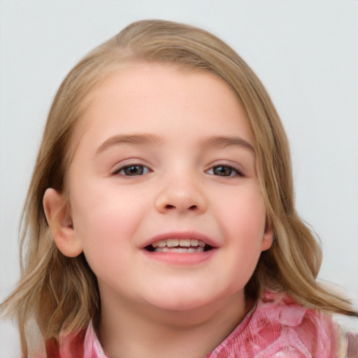 Joyful white child female with medium  brown hair and blue eyes