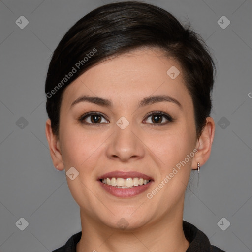 Joyful white young-adult female with short  brown hair and brown eyes