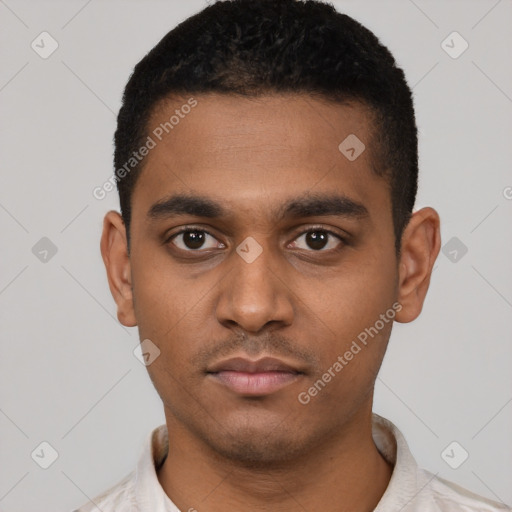 Neutral latino young-adult male with short  black hair and brown eyes