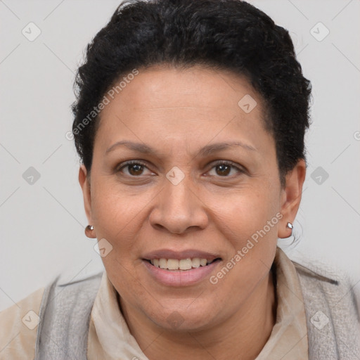 Joyful white adult female with short  brown hair and brown eyes