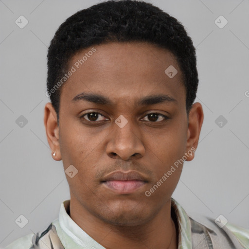 Neutral latino young-adult male with short  black hair and brown eyes