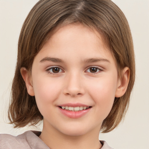 Joyful white child female with medium  brown hair and brown eyes