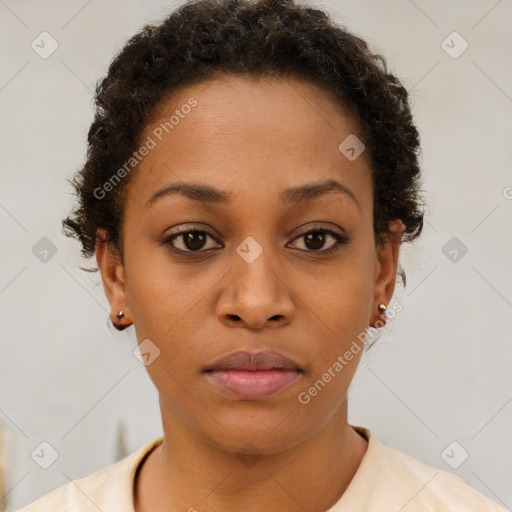 Neutral black young-adult female with short  brown hair and brown eyes