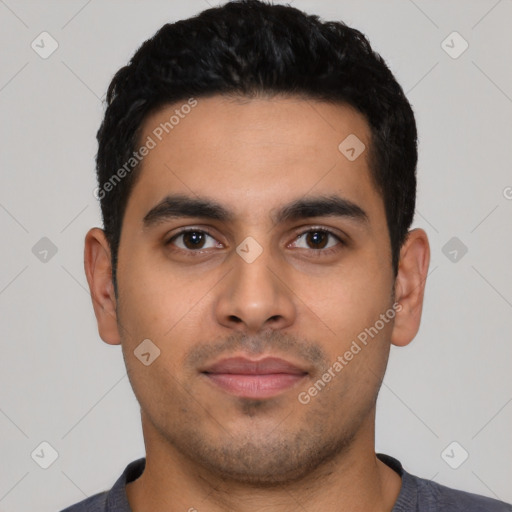 Neutral latino young-adult male with short  black hair and brown eyes