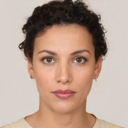 Neutral white young-adult female with short  brown hair and brown eyes