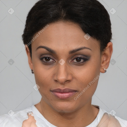 Joyful white young-adult female with short  brown hair and brown eyes