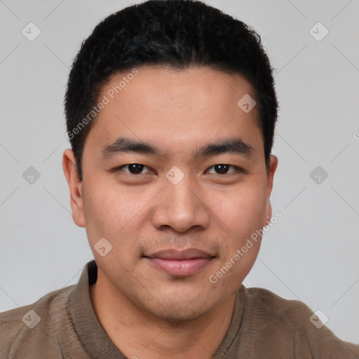 Joyful white young-adult male with short  black hair and brown eyes