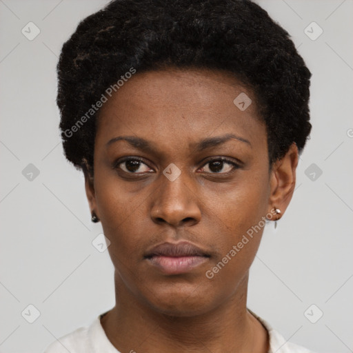 Neutral black young-adult female with short  black hair and brown eyes