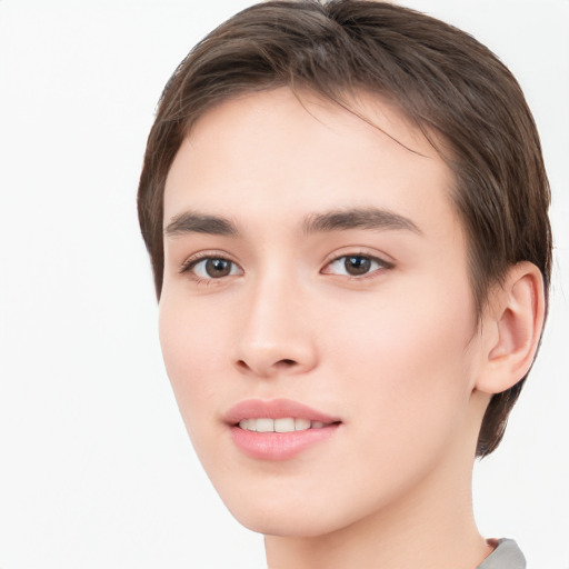 Neutral white young-adult female with short  brown hair and brown eyes