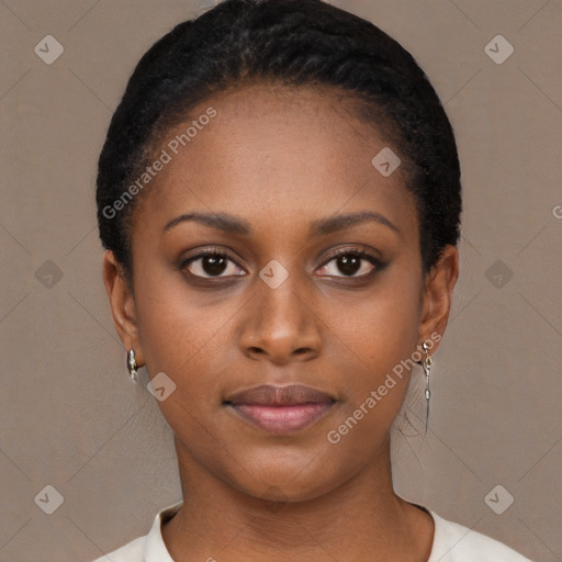 Neutral black young-adult female with short  black hair and brown eyes