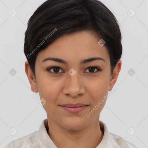 Joyful asian young-adult female with short  black hair and brown eyes