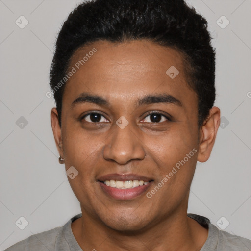 Joyful black young-adult male with short  black hair and brown eyes