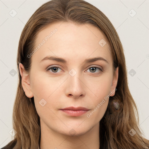 Neutral white young-adult female with long  brown hair and grey eyes