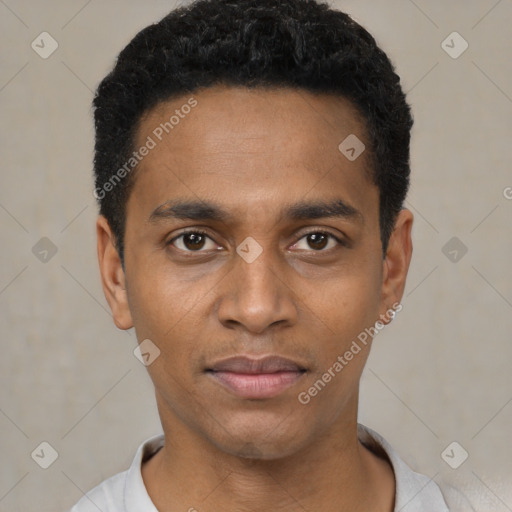 Joyful black young-adult male with short  black hair and brown eyes