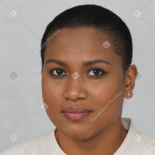 Joyful black young-adult female with short  brown hair and brown eyes