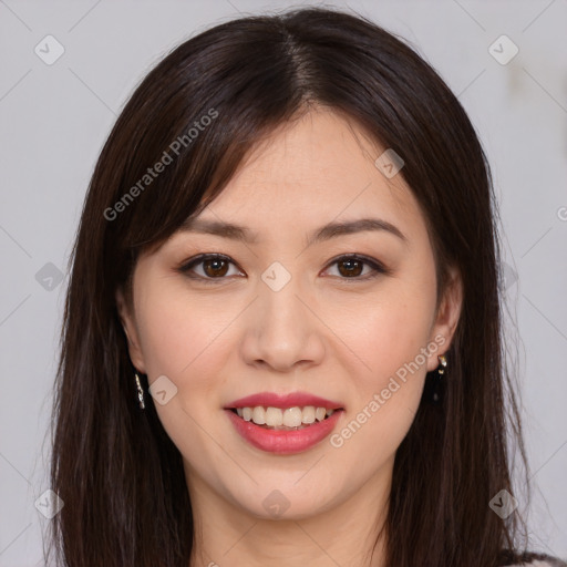 Joyful white young-adult female with long  brown hair and brown eyes