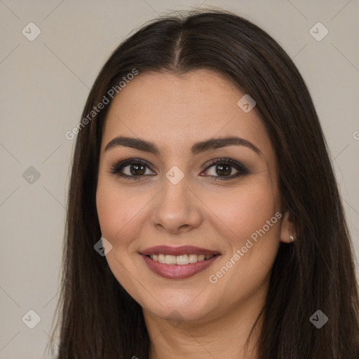 Joyful white young-adult female with long  brown hair and brown eyes