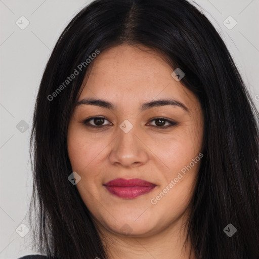 Joyful asian young-adult female with long  brown hair and brown eyes