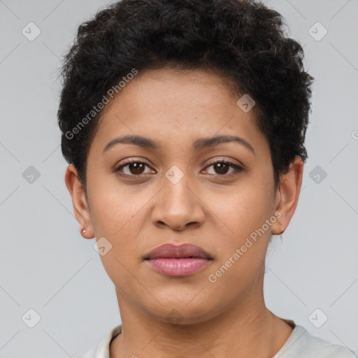 Joyful latino young-adult female with short  brown hair and brown eyes