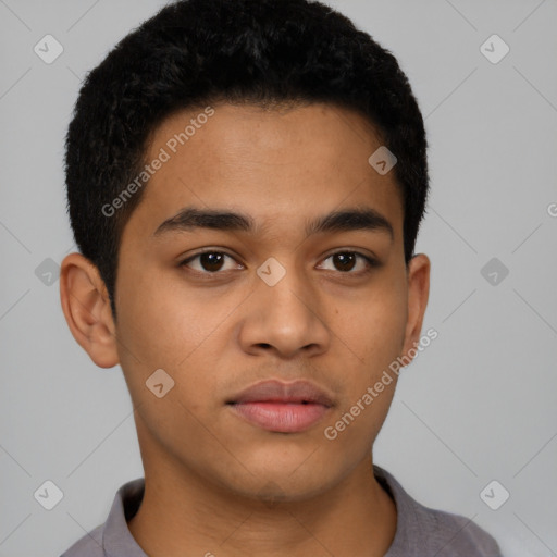 Neutral latino young-adult male with short  black hair and brown eyes