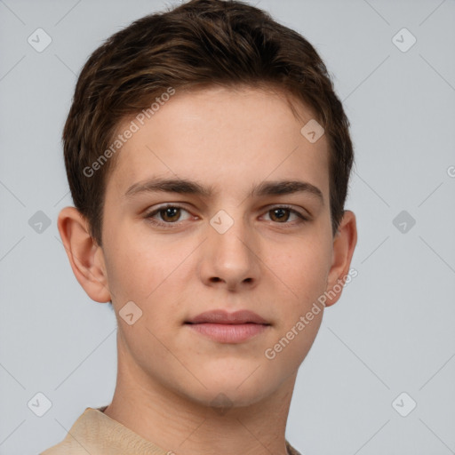 Neutral white young-adult male with short  brown hair and brown eyes