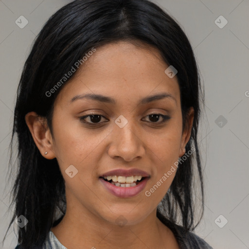 Joyful asian young-adult female with medium  black hair and brown eyes