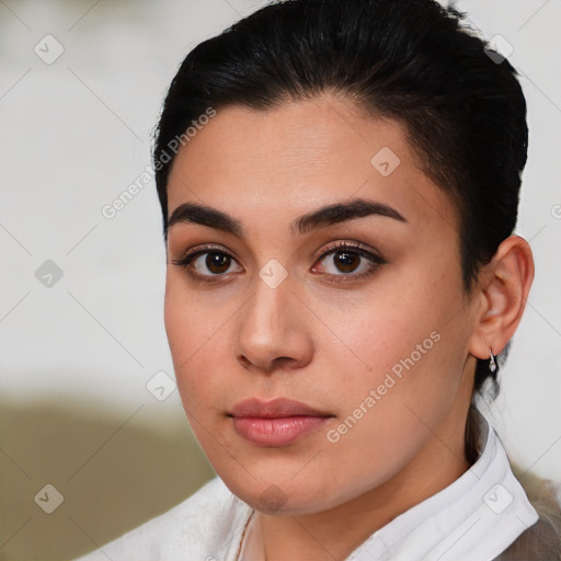 Neutral white young-adult female with short  brown hair and brown eyes