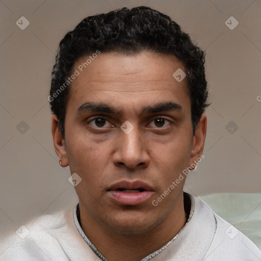 Neutral white adult male with short  black hair and brown eyes