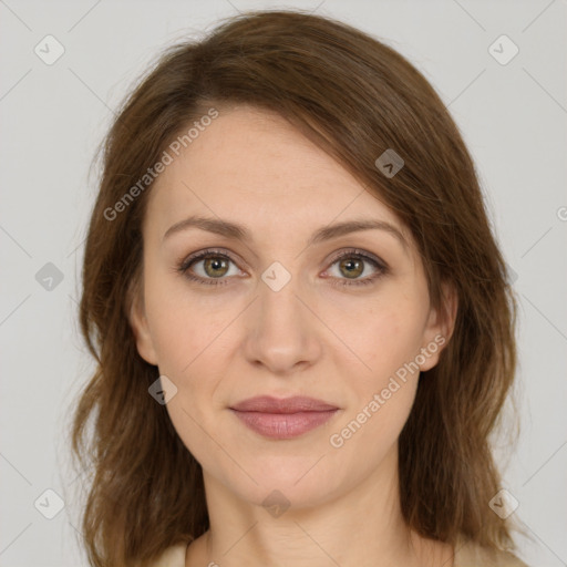 Joyful white young-adult female with medium  brown hair and green eyes