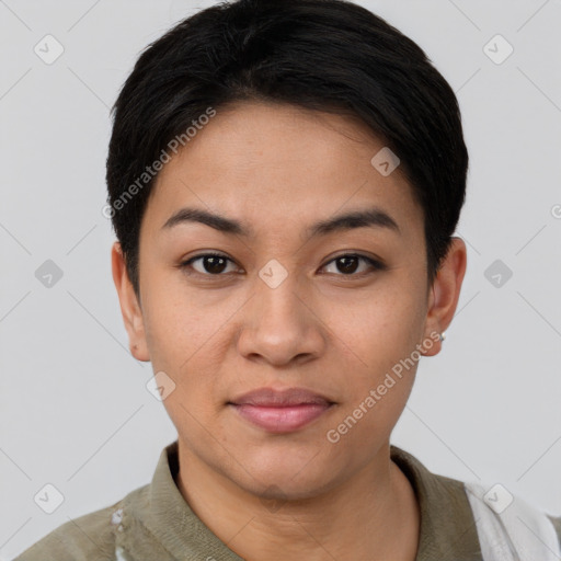 Joyful asian young-adult female with short  black hair and brown eyes