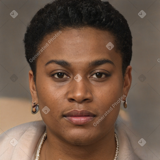 Joyful black young-adult female with short  brown hair and brown eyes
