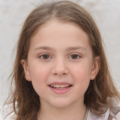 Joyful white child female with medium  brown hair and brown eyes