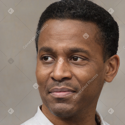 Joyful latino adult male with short  black hair and brown eyes