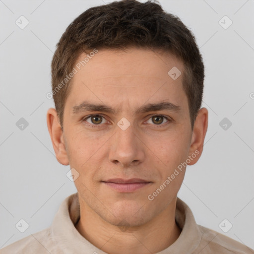 Neutral white young-adult male with short  brown hair and brown eyes