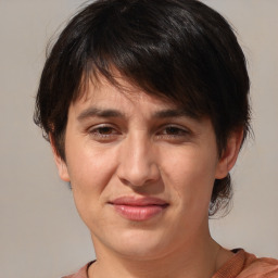 Joyful white adult female with medium  brown hair and brown eyes