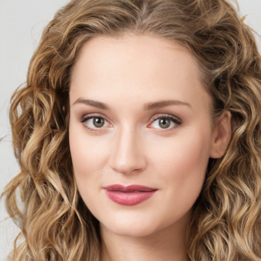 Joyful white young-adult female with long  brown hair and green eyes