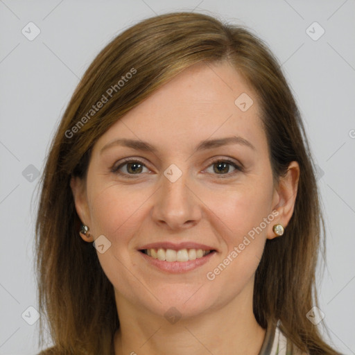 Joyful white young-adult female with long  brown hair and grey eyes