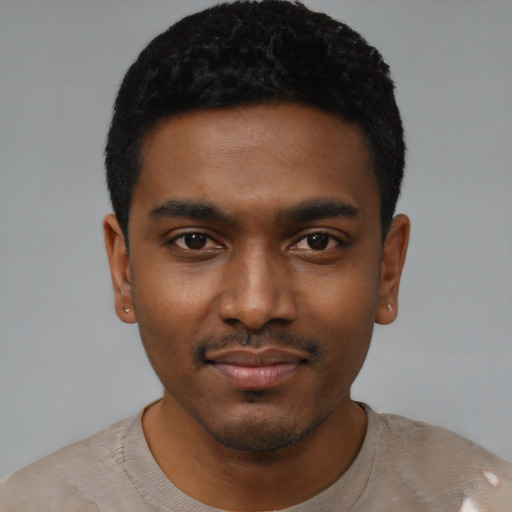 Neutral black young-adult male with short  black hair and brown eyes