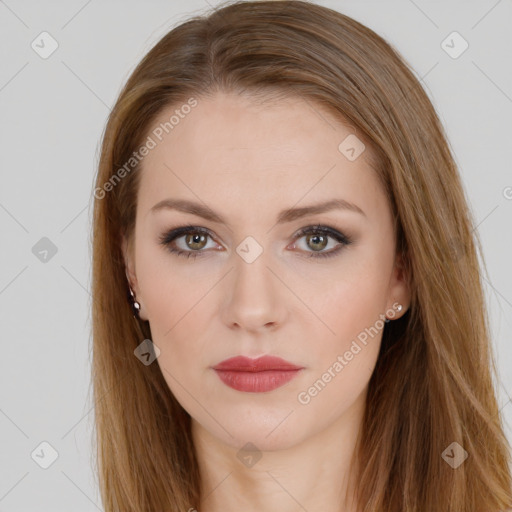 Neutral white young-adult female with long  brown hair and brown eyes