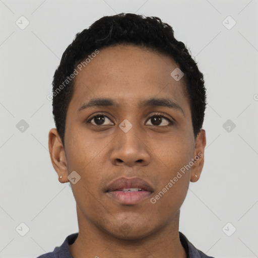 Neutral black young-adult male with short  black hair and brown eyes