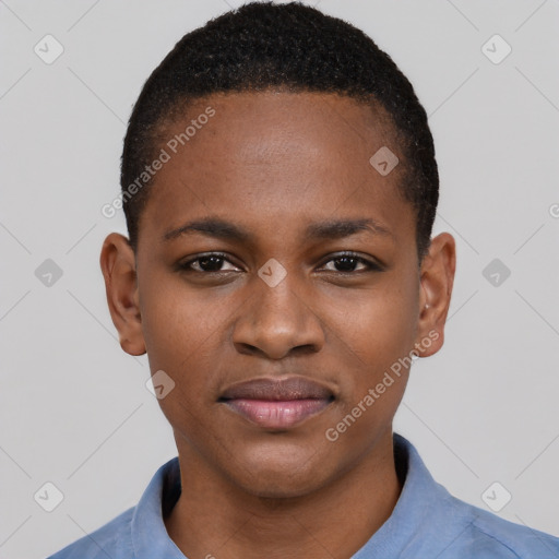 Neutral black young-adult female with short  black hair and brown eyes