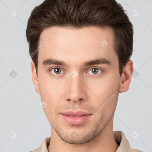 Neutral white young-adult male with short  brown hair and brown eyes